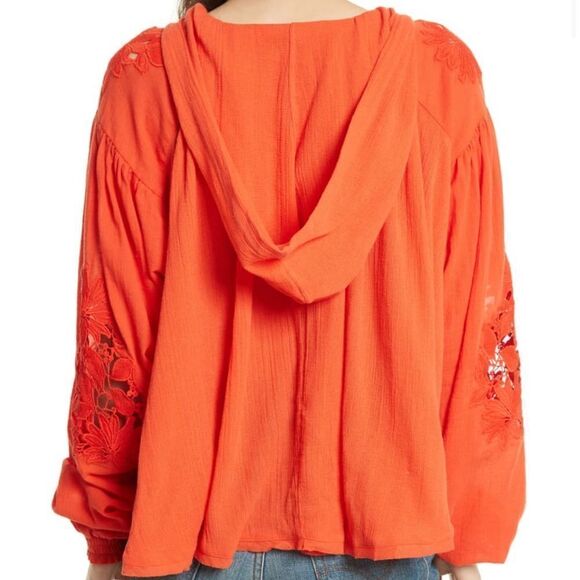 FREE PEOPLE Hooded Top Eyelet Embroidered Cotton Gauze Orange/Red Women’s Medium - Picture 3 of 9